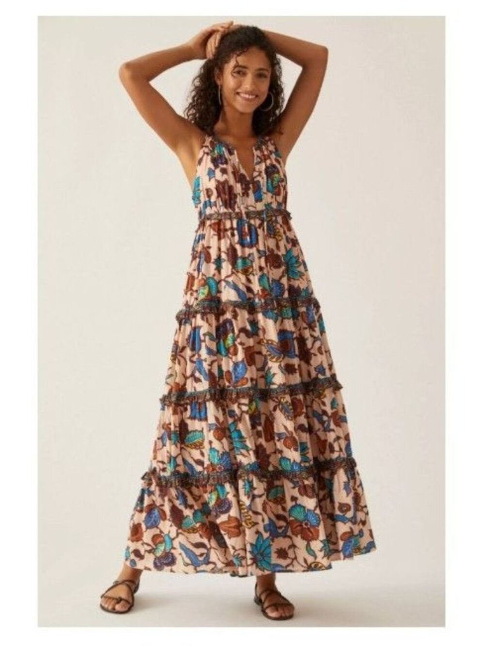 Anthropologie Love the Label Boho Printed Maxi Dress in Brown Size Small